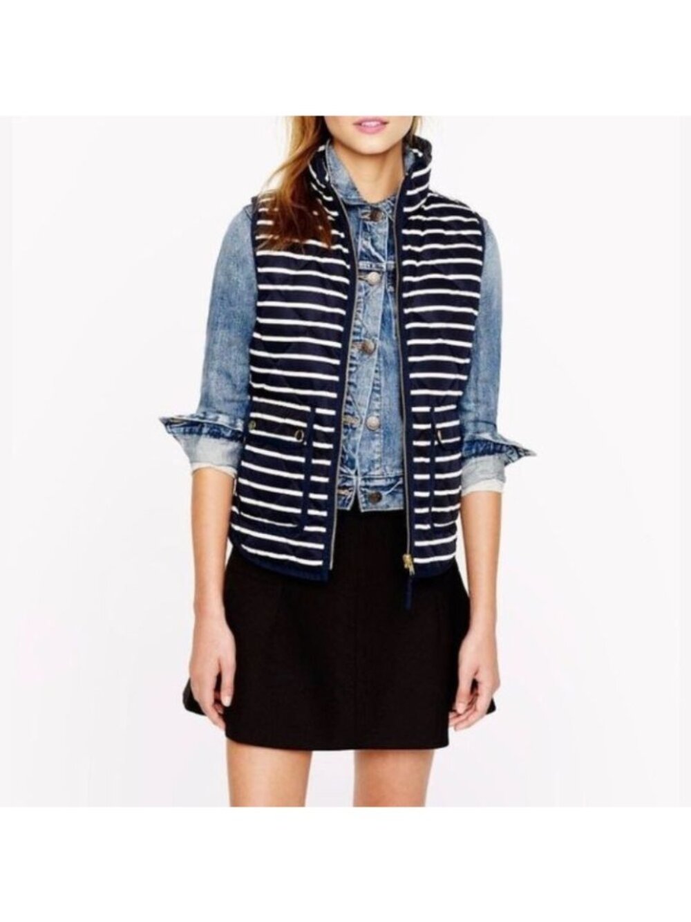 J.CREW 02727 Womens Navy Striped Full-Zip Down Puffer Vest M MEDIUM